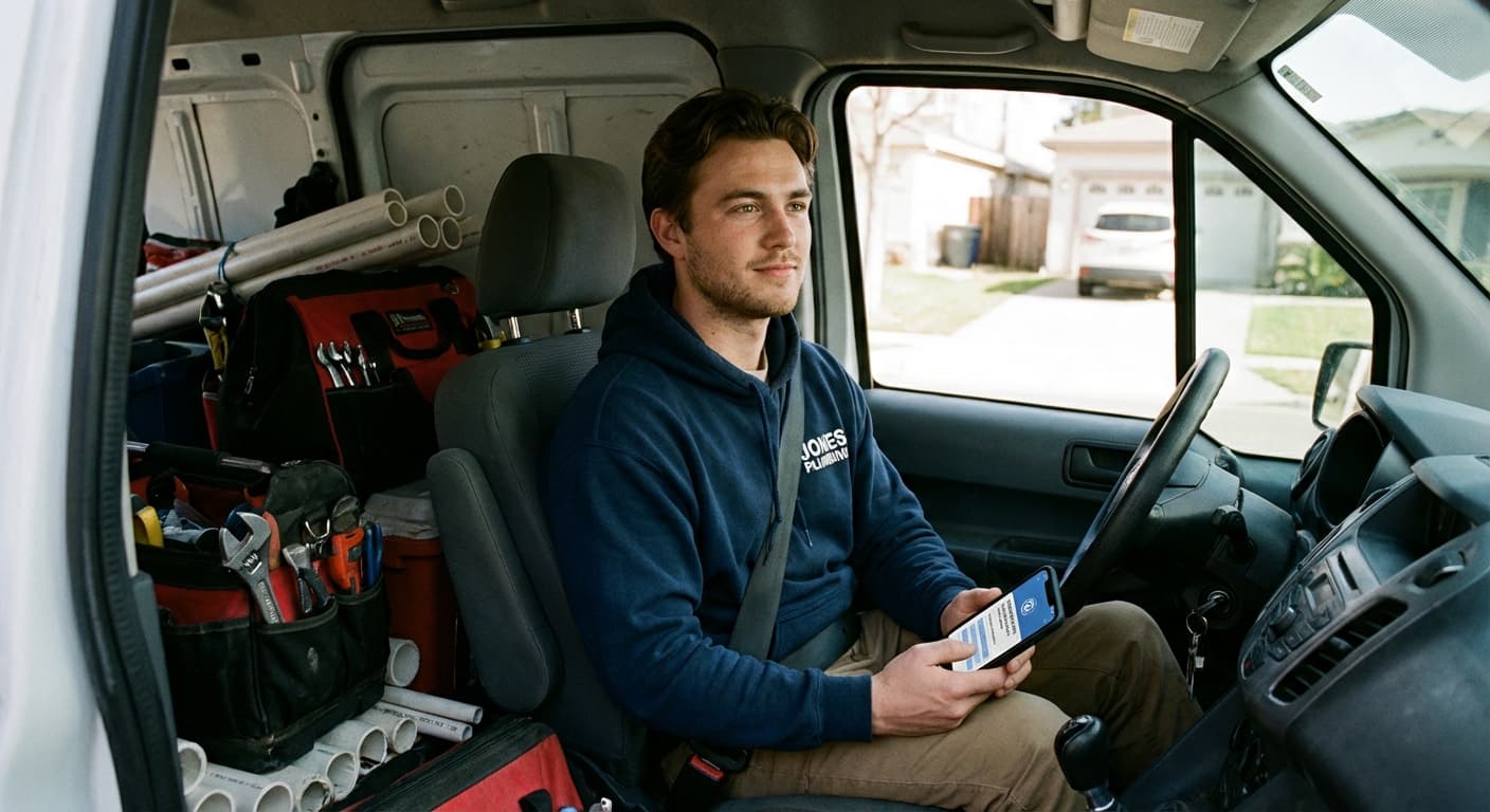 Small contractor using AI sales assistant on mobile device at job site