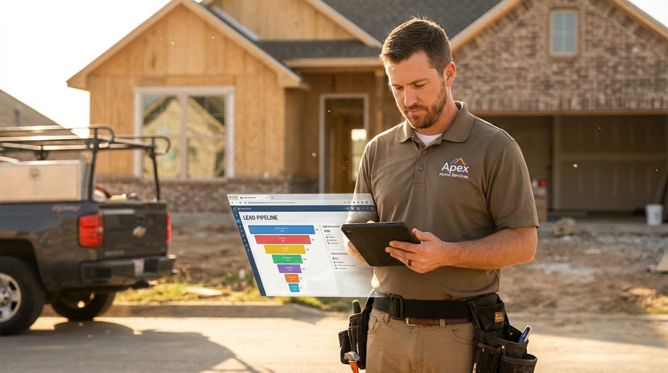 Contractor reviewing lead tracking dashboard on tablet while at job site
