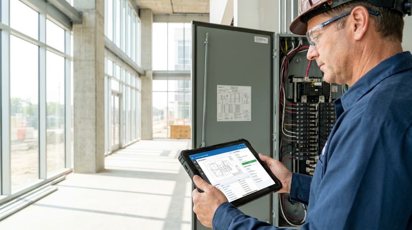 Electrical contractor using mobile CRM to track permits and inspections on commercial job site