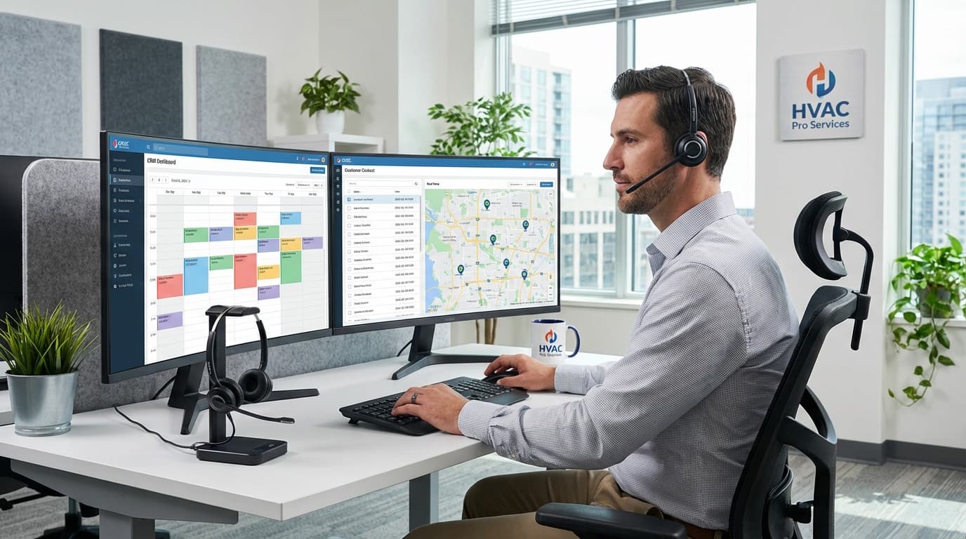 HVAC technician using mobile CRM app to access customer equipment history on tablet during service call