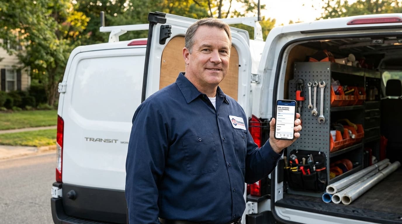 Plumber using mobile CRM software on smartphone to access customer history at job site