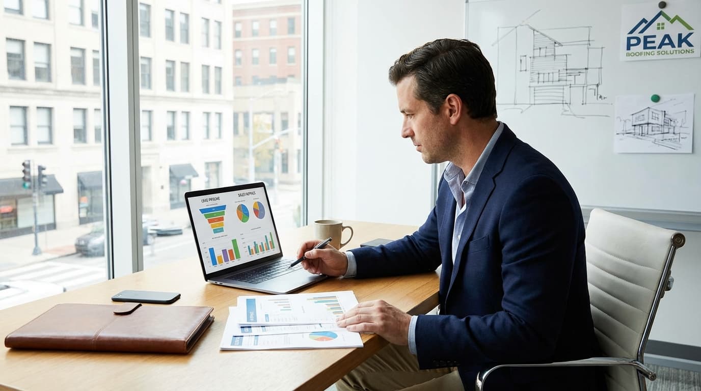 Roofing contractor using mobile CRM on tablet to manage storm damage leads