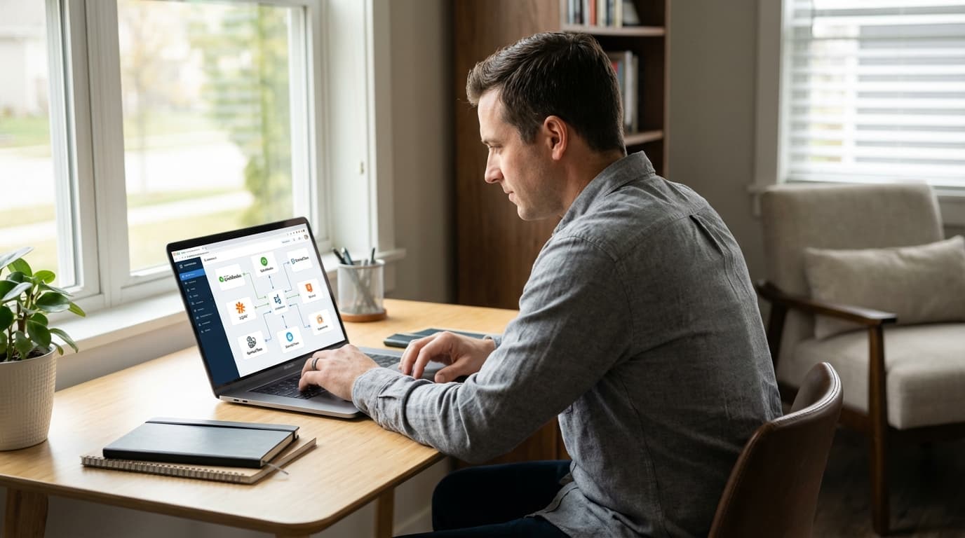 Contractor reviewing integrated home service software dashboard showing connected CRM, accounting, and field systems
