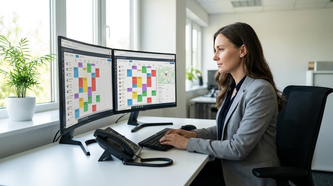 Contractor using integrated CRM scheduling software on tablet in service van