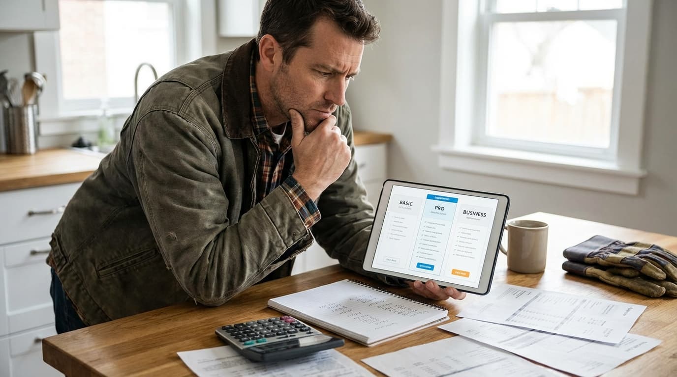 Housecall Pro and ServiceTitan logos with feature comparison chart for contractors