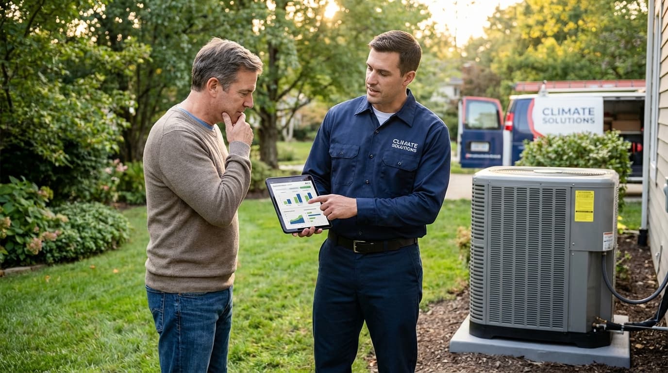 HVAC sales technician having consultative conversation with homeowner about system replacement options