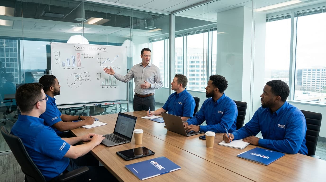 HVAC sales manager conducting team training session in conference room with sales materials