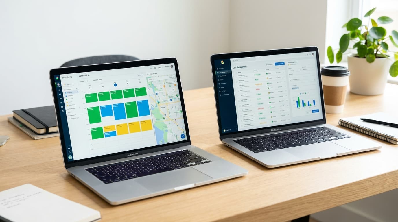 Side by side comparison of field service management software on laptop screens
