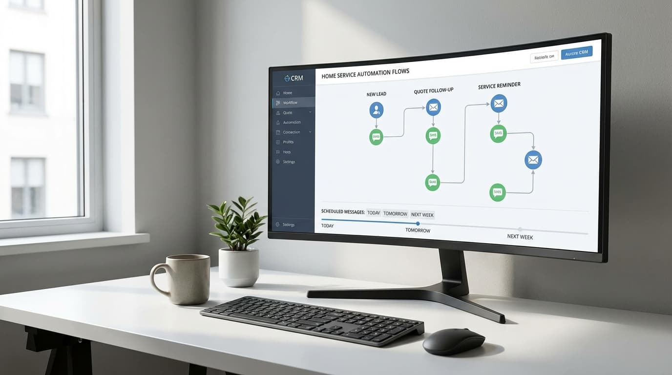 Automated email and SMS follow-up sequence displayed on contractor's CRM dashboard