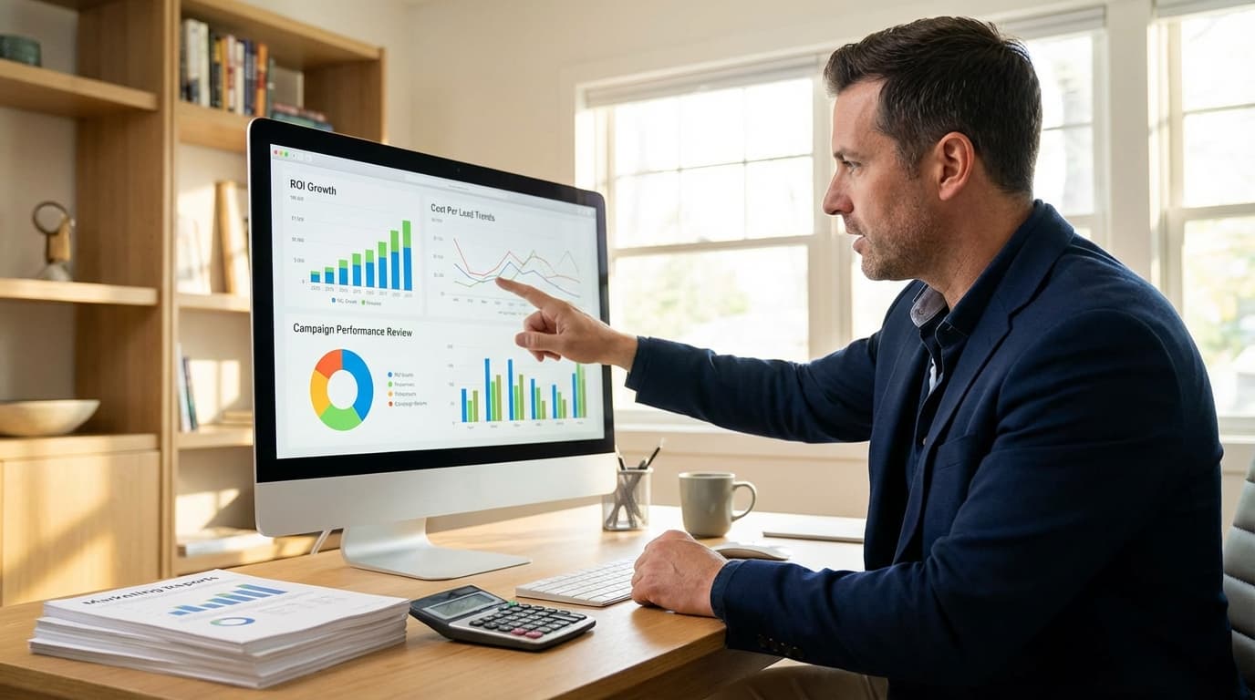 Home service business owner reviewing marketing analytics dashboard showing ROI metrics and campaign performance