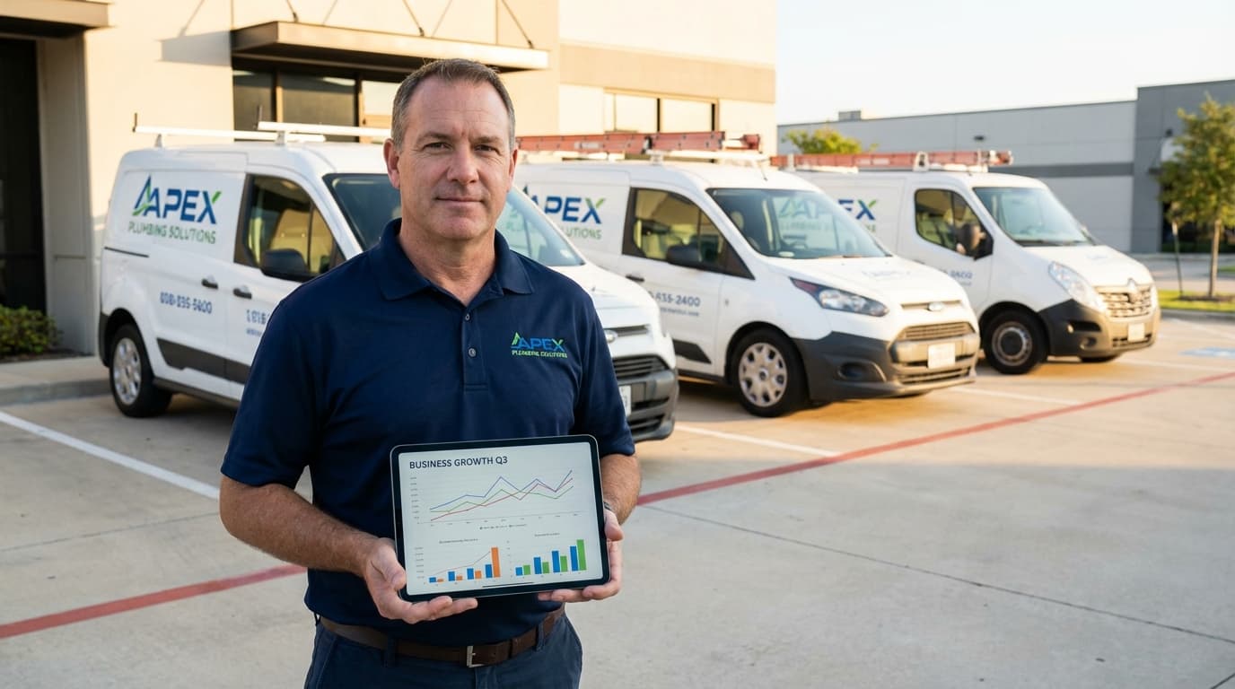 Successful plumbing business owner reviewing growth charts with fleet of service vans in background