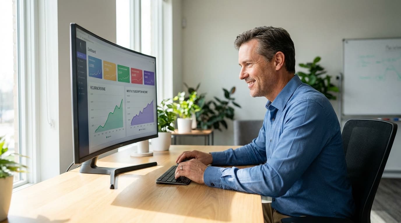 Home service business owner reviewing recurring revenue dashboard showing monthly predictable income from maintenance agreements