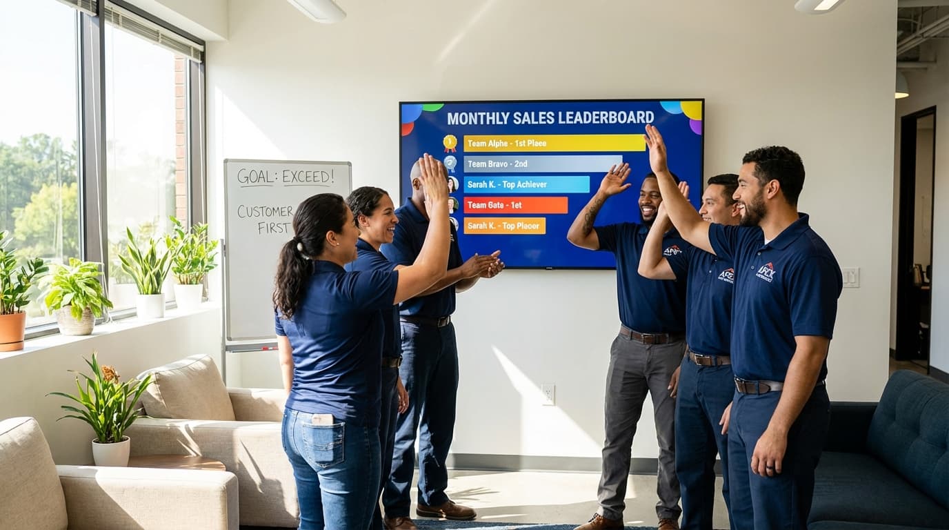 Home service team gathered around sales leaderboard display celebrating team achievements and performance metrics