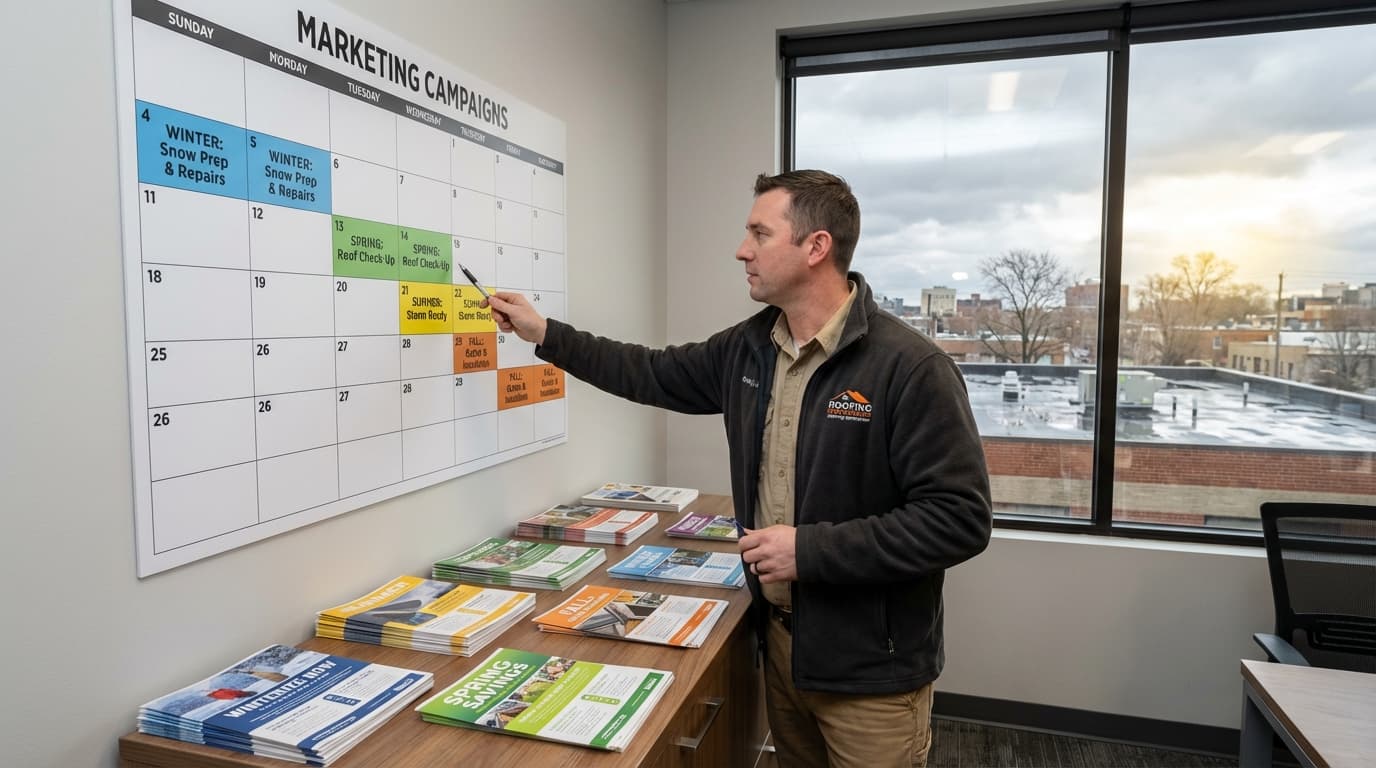 Roofing contractor reviewing seasonal marketing calendar with campaign materials for different seasons