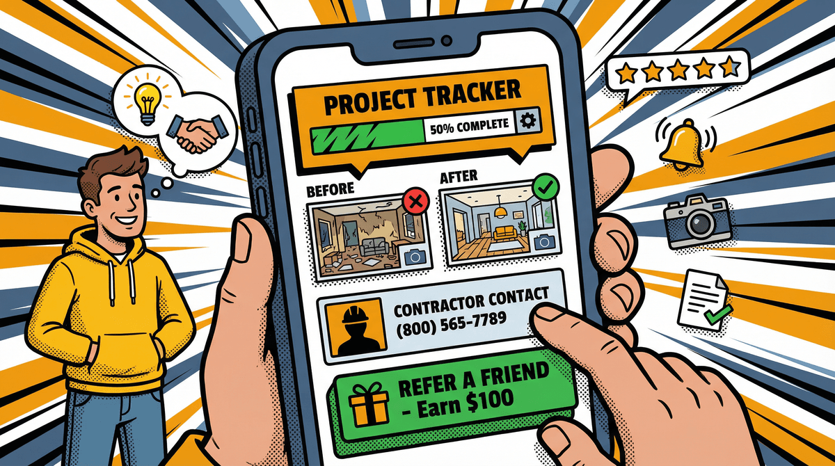 Customer portal PWA on mobile showing project tracker, photos, and refer a friend button