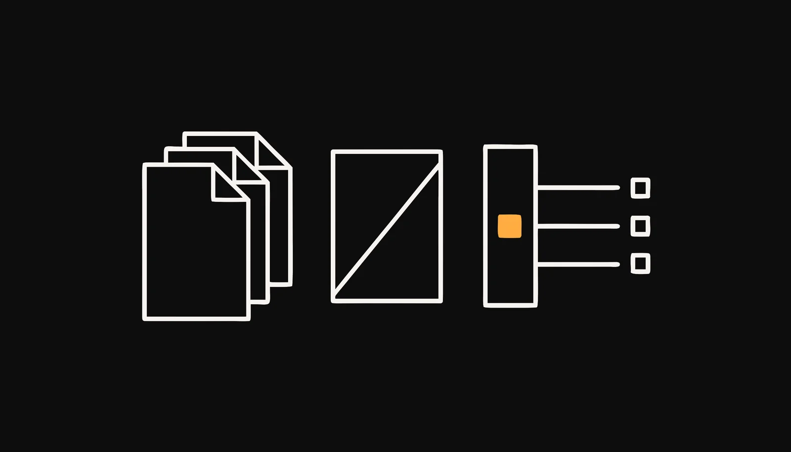 Line illustration of blank document sheets, a screening frame, and an amber agent token in a narrow permission gate leading to three short output lanes.