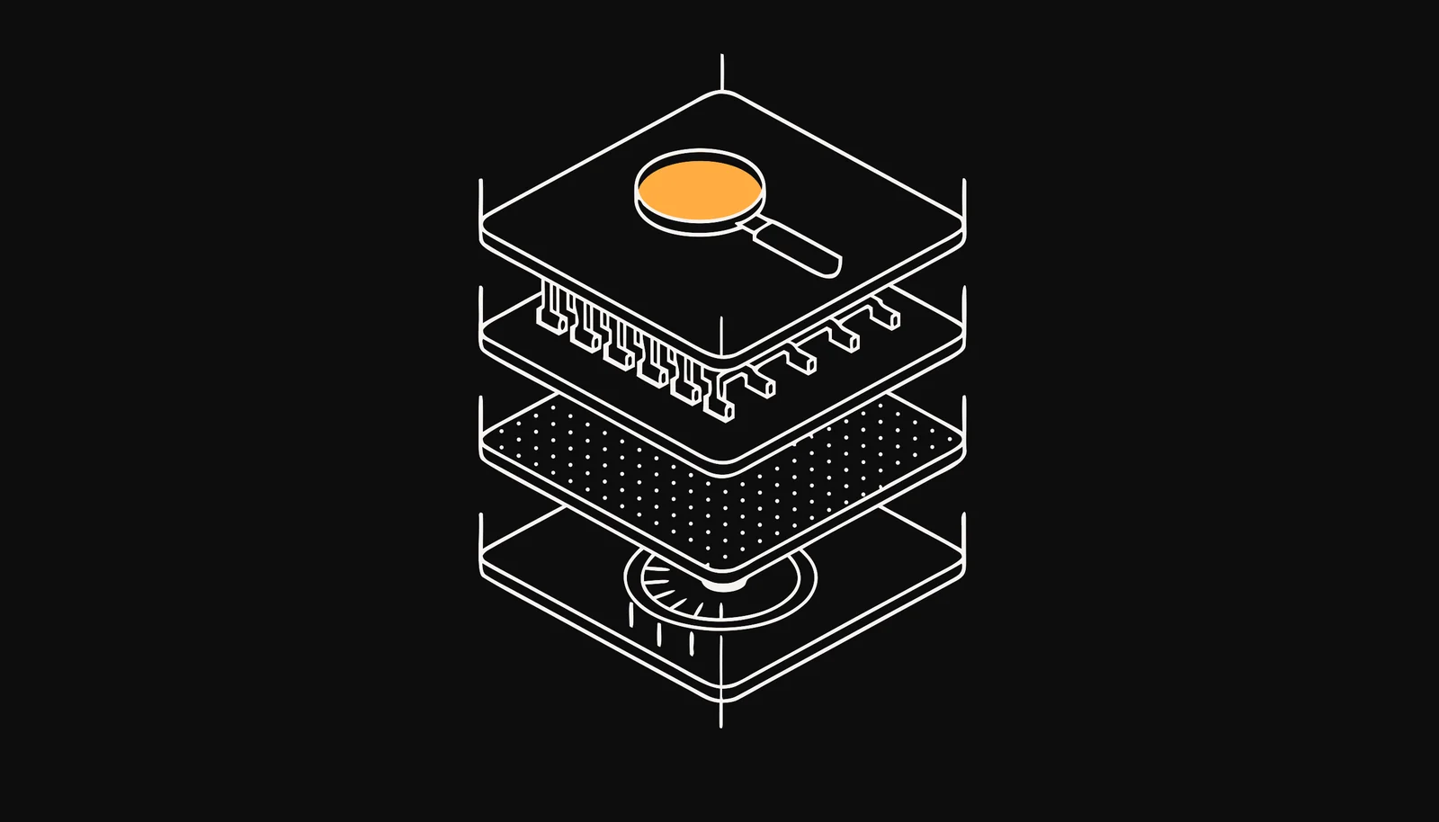 Four stacked plates with a dial, dot grid, connectors and an amber magnifying glass on top.