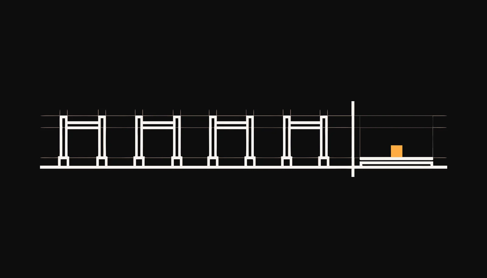 Four checkpoint gates on a test track, divided from a release platform holding one amber block.