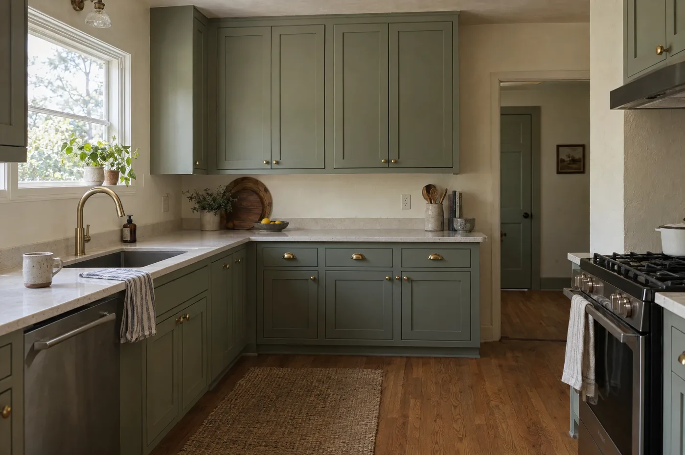 A sage green painted kitchen