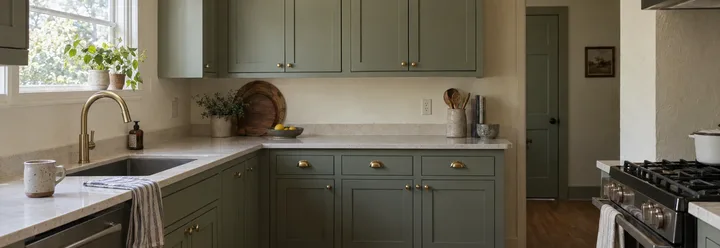 Generated image of a sage green painted kitchen in daylight